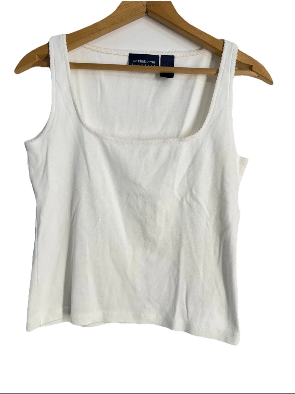 Vintage Y2K Liz Claiborne Lace Trimmed Square Neck White Cotton Knit Tank Top